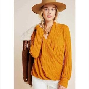 Maeve Anthropologie Rafela Hacci Mustard Surplice Top Blouse Women's Size Medium